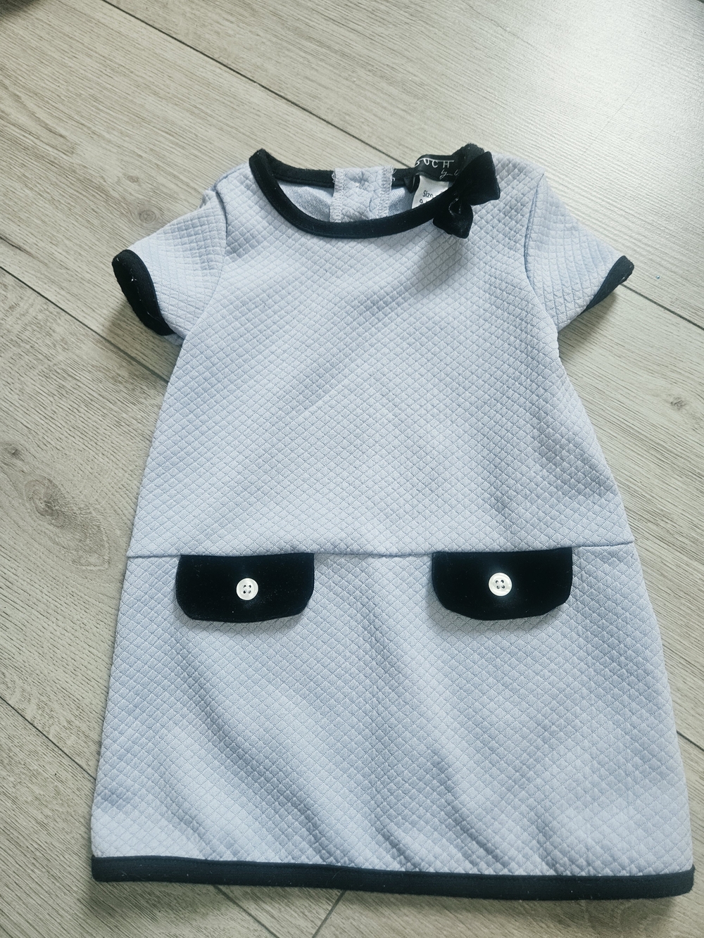 Ouch by U Light Blue Quilted Baby Girl Dress Black Trim Bow 9-12M